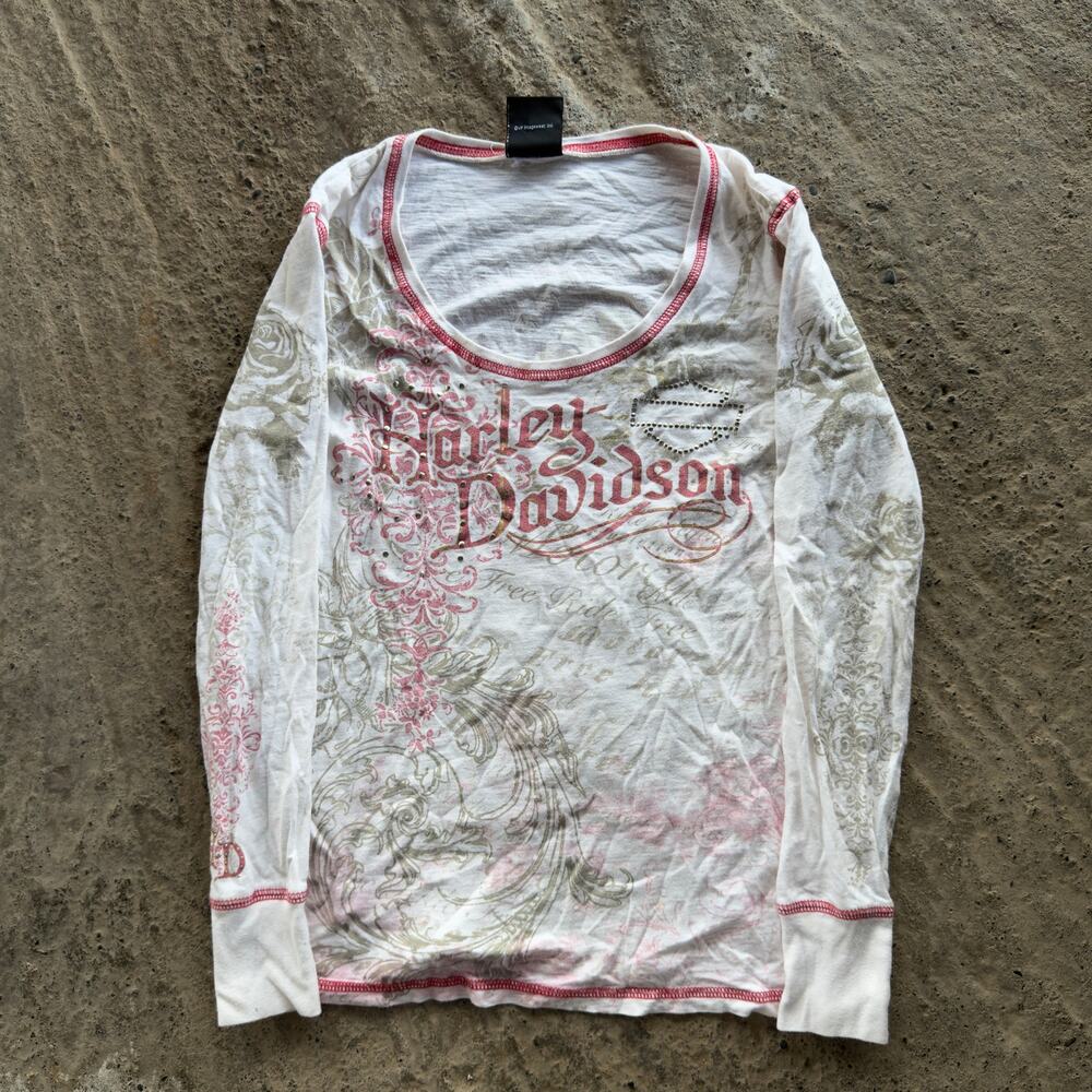 VINTAGE HARLEY DAVIDSON LONG SLEEVE SHIRT TOP PINK BEJEWELLED WOMENS SMALL